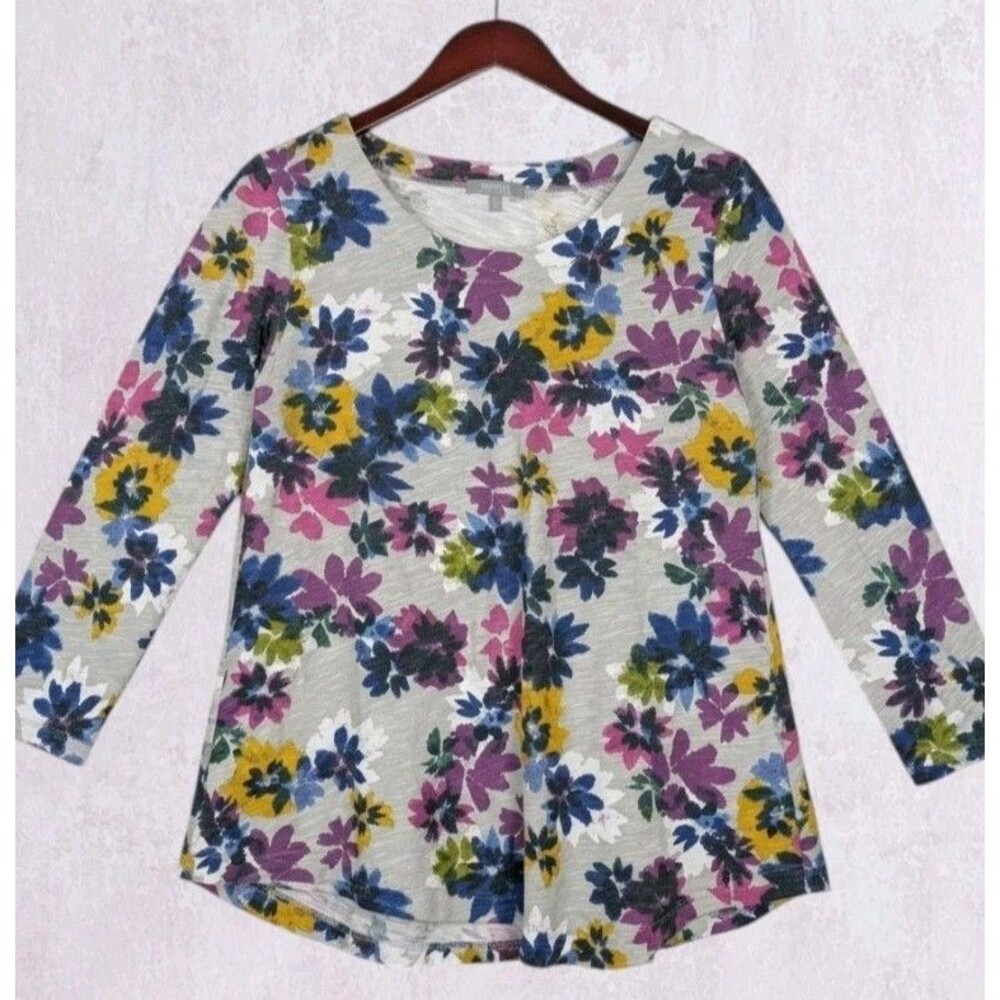 Habitat Shirt Womens Small Gray Multi Floral 3/4 Sleeve Slub Knit 100% Cotton